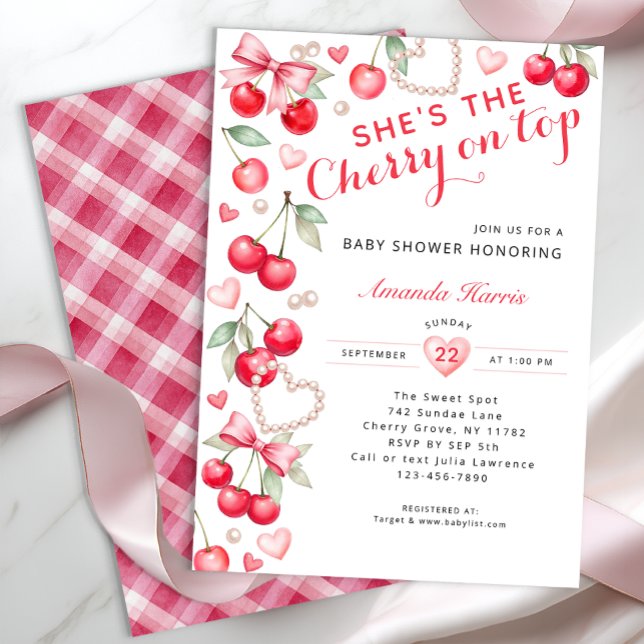 Cherry on Top - Pink Bow & Gingham Baby Shower Einladung (Cherry Themed Baby Shower)
