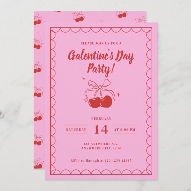 Cherry On Top Pink Galentine's Day Einladung (Vorne/Hinten)