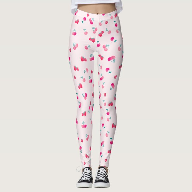 Cherry Pattern, Erdbeermuster Leggings (Vorderseite)