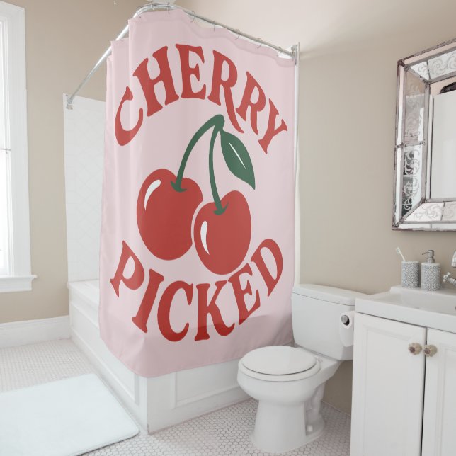 Cherry Picked Trendy Retro Fruit Graphic Pink Duschvorhang (Beispiel)