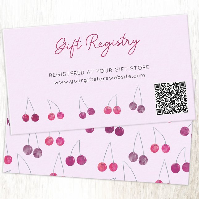 Cherry Pink Baby Shooting Registrierung QR Code Begleitkarte (Cherry pink custom text QR code gift registry enclosure card)
