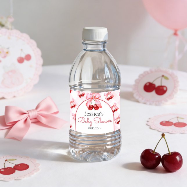Cherry Pink Bow Girl Baby Shower  Wasserflaschenetikett (Pink bow and cherry baby shower water bottle labels)