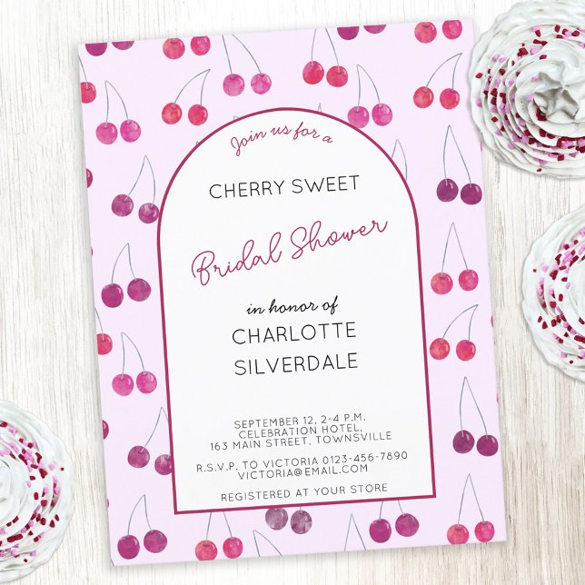 Cherry Pink Bridal Dusche Einladung Postkarte (Cherry sweet pink watercolor cherries personalized custom text bridal shower invitation postcard)