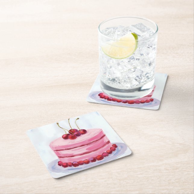 Cherry Pink Cake Watercolor Celebration Party Rechteckiger Pappuntersetzer (Vor Ort)
