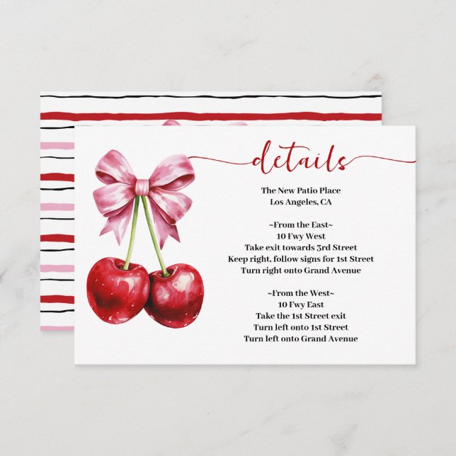 Cherry Pink Coquette Babydusche Details Begleitkarte (Vorne/Hinten)