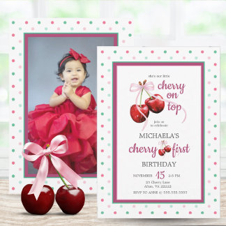 Cherry Pink Coquette Bow Erster Geburtstag Foto Einladung