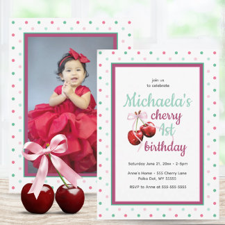 Cherry Pink Coquette Bow Erster Geburtstag Foto Einladung