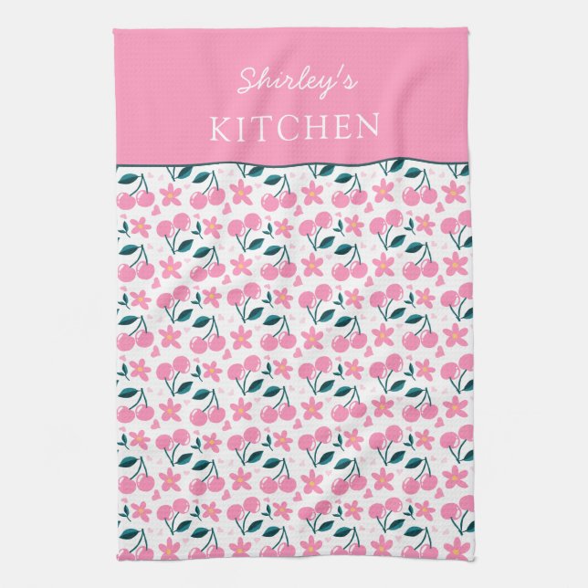 Cherry Pink Personalized Tea Towel | Custom Name K Geschirrtuch (Vertikal)