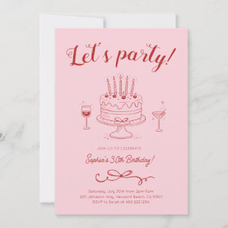 Cherry Pink Red Birthday Cake Invitation Einladung