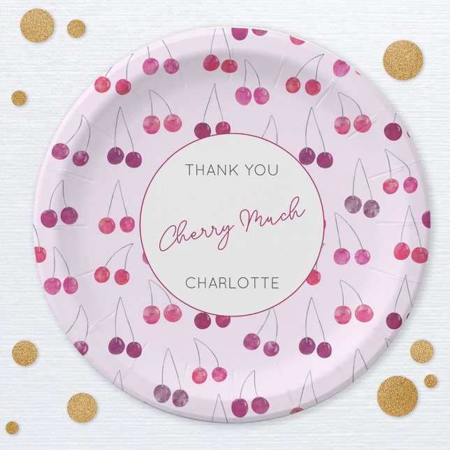 Cherry Pink Wasserfarbe Personalisiert Pappteller (Thank You Cherry Much personalized cherries design party paper plates)