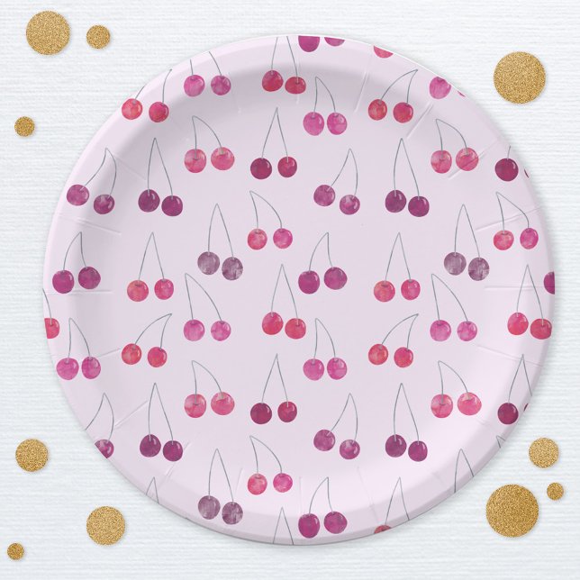Cherry Pink Watercolor Pappteller (Watercolor cherry pink pattern party paper plate)