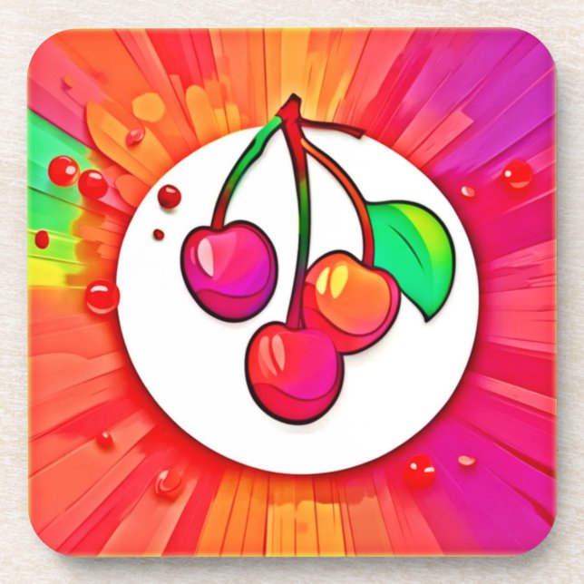 Cherry Pop Art Burst Getränkeuntersetzer (Vorderseite)