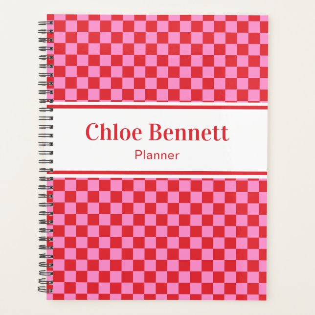 Cherry Red and Pink Checkerboard Planner Planer (Vorderseite)