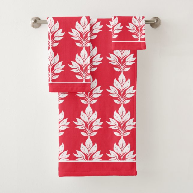 Cherry Red and White Elegant Leaf Muster Badhandtuch Set (Insitu)