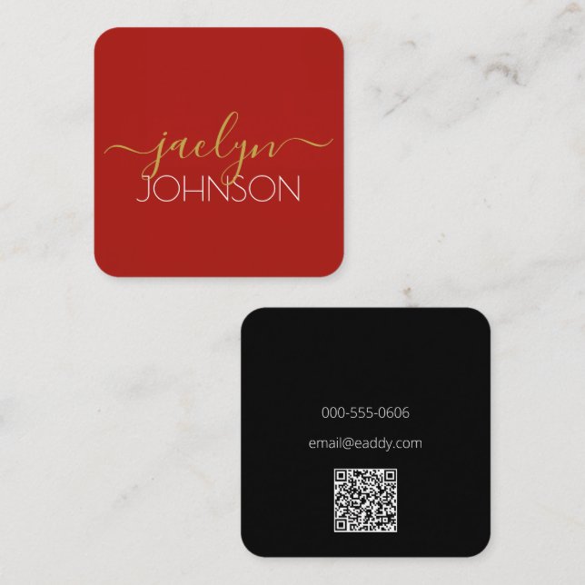 Cherry Red Black Gold Personalisierter Name Minima Quadratische Visitenkarte (Vorne/Hinten)