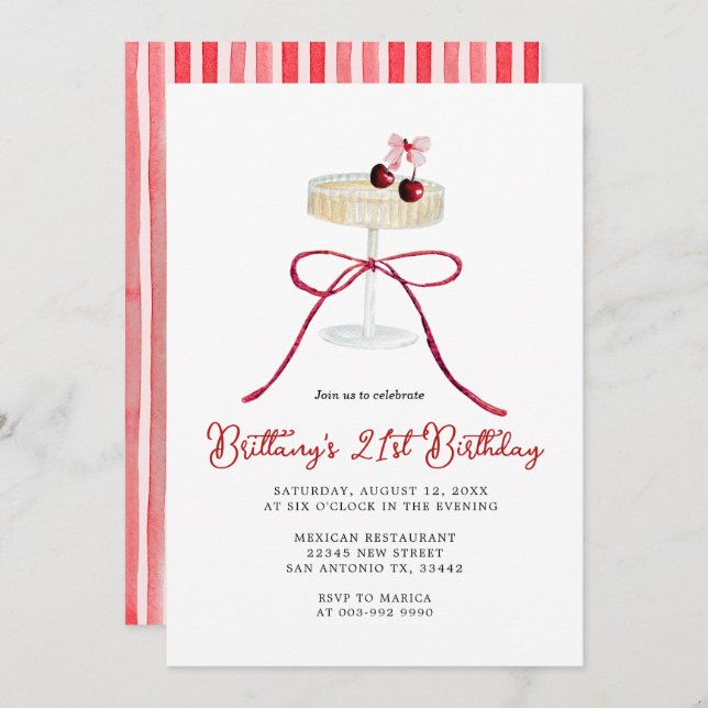 Cherry Red Bow Champagne 21st Birthday Invitation Einladung (Vorne/Hinten)