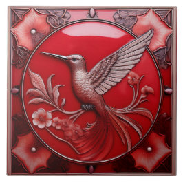 Cherry red faux relief Art Nouveau Hummingbird L Fliese