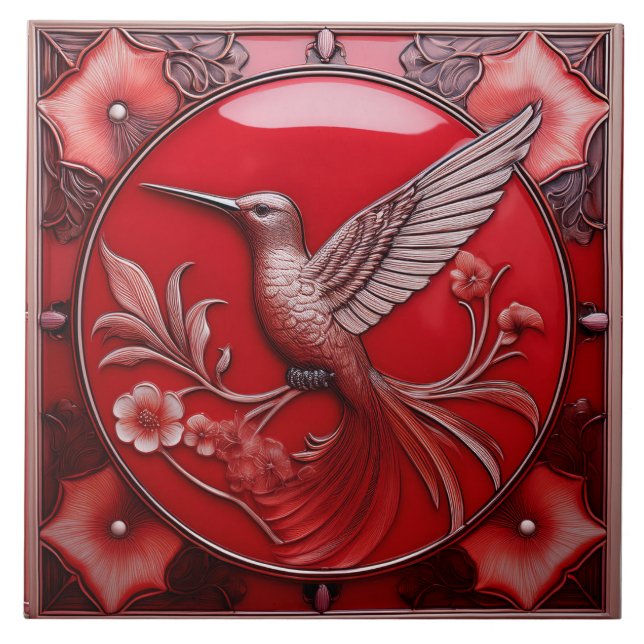 Cherry red faux relief Art Nouveau Hummingbird L Fliese (Vorderseite)