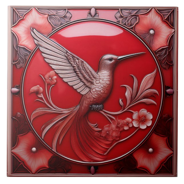 Cherry red faux relief Art Nouveau Hummingbird R Fliese (Vorderseite)