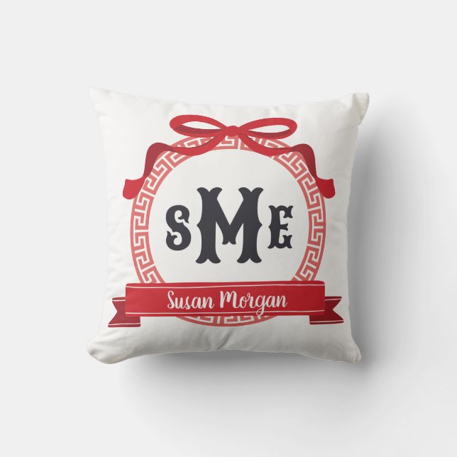 Cherry Red Greece Key Bow Monogram Kissen (Vorderseite)