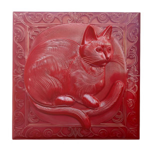 Cherry Red Imitats Relief Art Nouveau Cat Fliese