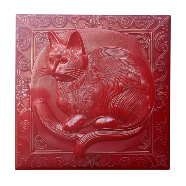 Cherry Red Imitats Relief Art Nouveau Cat Fliese (Vorderseite)