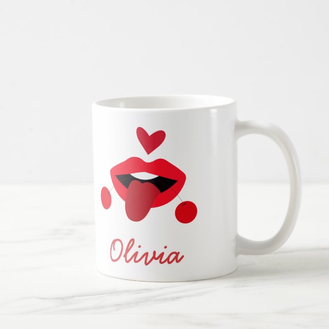 Cherry Red Lips mit Zunge Individuelle Name Kaffeetasse (Rechts)