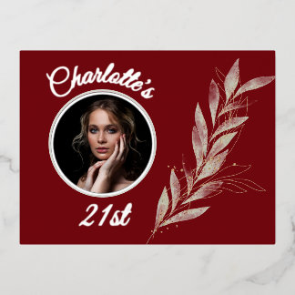 Cherry Red Silver & Gold Watercolor Leaf Geburtsta Folie Einladungspostkarte