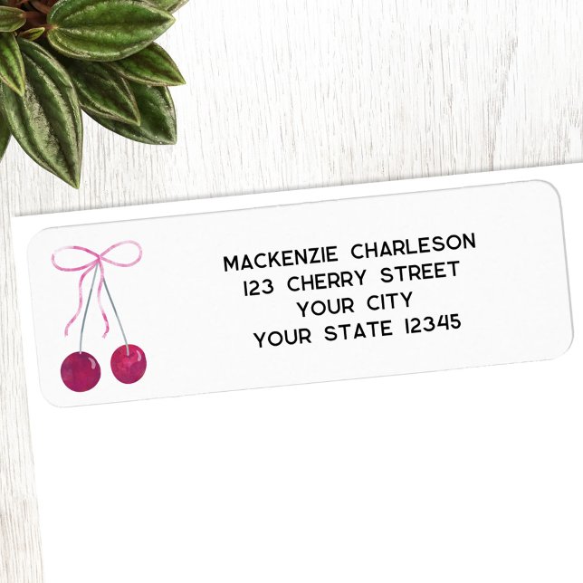 Cherry Ribbon Bow Wasserfarbe Rücksendeadresse (Cherry with ribbon and bow watercolor return address label)