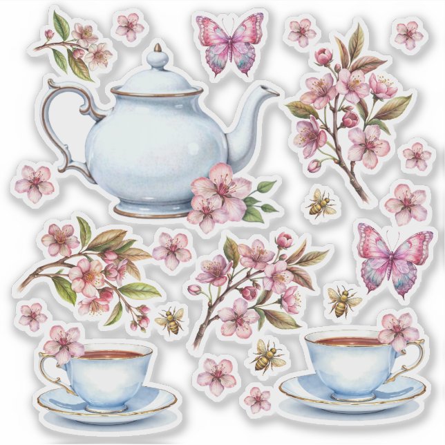 Cherry rosa Blume Blume Feld mit Tee Aufkleber (Vorderseite)