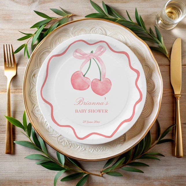 Cherry rosa Coquette Babydusche nach Maß Pappteller (Cherry pink coquette baby shower customized paper plates monogrammed plates personalized tableware)