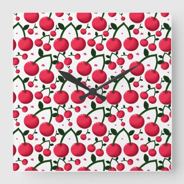 Cherry Seamless Pattern, Red Fruit Pattern, Cute C Quadratische Wanduhr (Vorderseite)