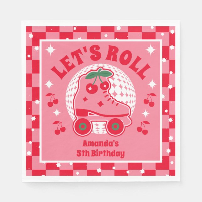 Cherry Skate | Retro Roller Skaten Geburtstag Serviette (Vorderseite)
