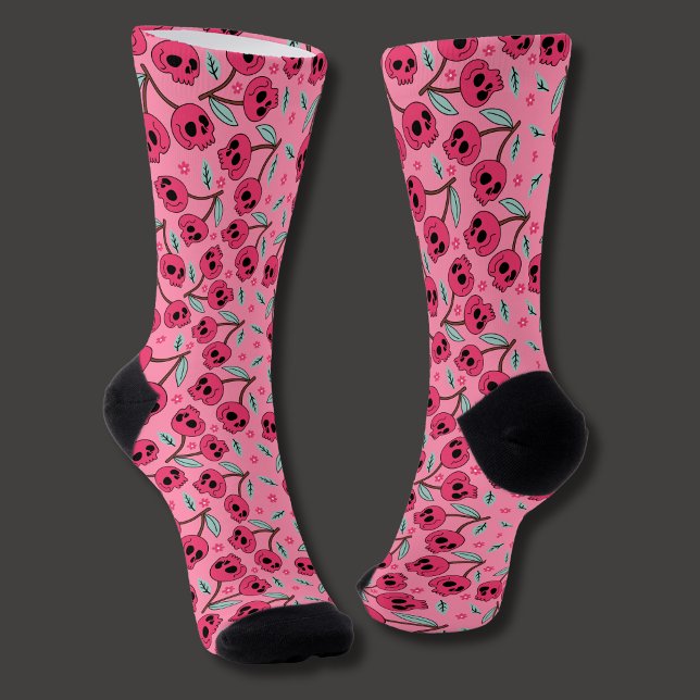 Cherry Skull Retro Valentine's Day Groovy Girly Socken (Cherry skull socks are spooky,  trendy and fun.)
