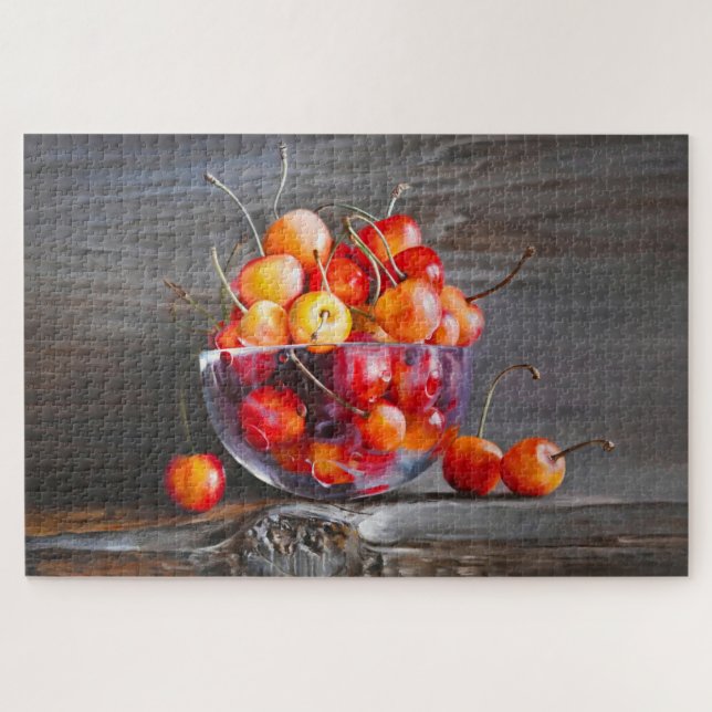 Cherry Still Life in Glass Stretched Canvas Print Puzzle (Horizontal)