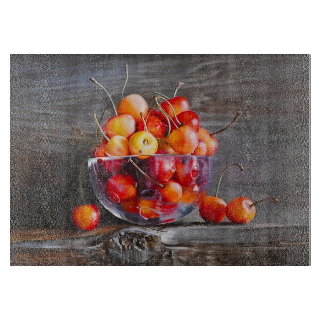 Cherry Still Life in Glass Stretched Canvas Print Schneidebrett (Vorderseite)