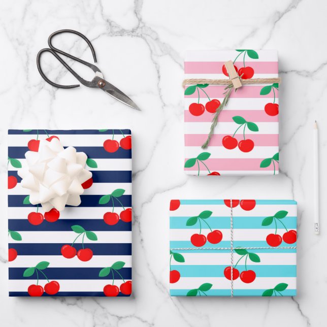 Cherry Stripe Muster - Retro Fruit Gift & Decke Geschenkpapier Set (Vorderseite)