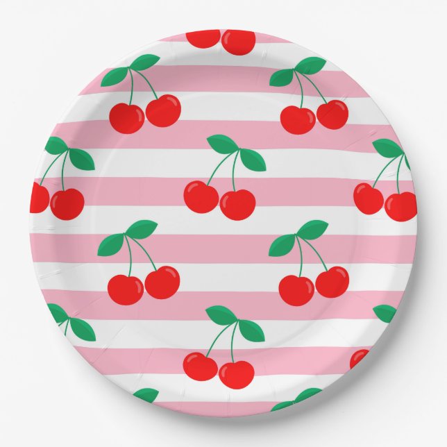 Cherry Stripe Muster - Retro Fruit Gift & Decke Pappteller (Vorderseite)