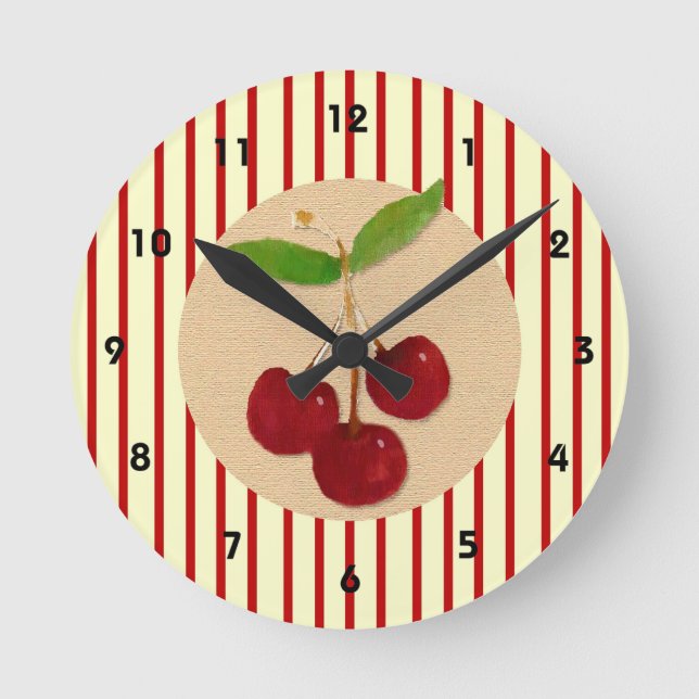 Cherry Stripe Wall Clock Runde Wanduhr (Vorderseite)