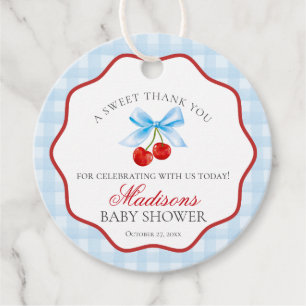 Cherry Sweet Blue Coquette Bow Baby Shower Circle Geschenkanhänger