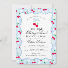 Cherry Sweet Blue Coquette Bow Gingham Baby Shower Einladung