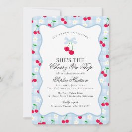 Cherry Sweet Blue Coquette Bow Gingham Baby Shower Einladung