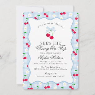 Cherry Sweet Blue Coquette Bow Gingham Baby Shower Einladung