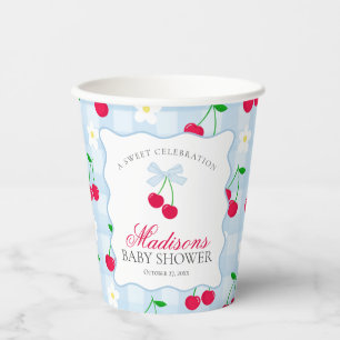 Cherry Sweet Blue Coquette Bow Gingham Baby Shower Pappbecher