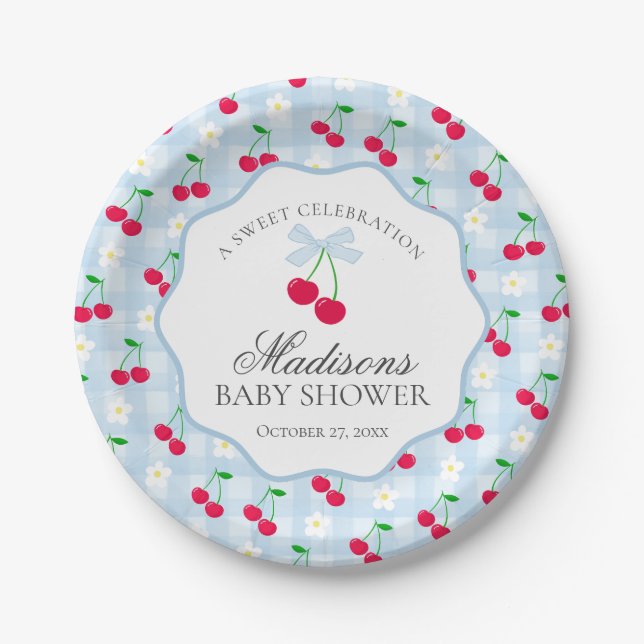 Cherry Sweet Blue Coquette Bow Gingham Baby Shower Pappteller (Vorderseite)