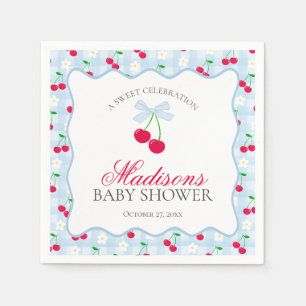Cherry Sweet Blue Coquette Bow Gingham Baby Shower Serviette