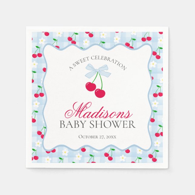 Cherry Sweet Blue Coquette Bow Gingham Baby Shower Serviette (Vorderseite)