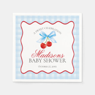 Cherry Sweet Blue Coquette Bow Gingham Baby Shower Serviette