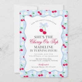 Cherry Sweet Blue Coquette Bow Gingham Birthday Einladung