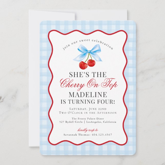 Cherry Sweet Blue Coquette Bow Gingham Birthday Einladung (Vorderseite)